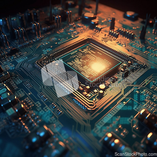 Image of Closeup, cpu and motherboard with circuit, microchip and hardware for information technology. IT, data science and computer system with process, programming and cybersecurity for digital background
