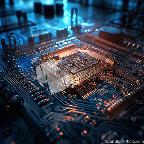 Image of Closeup, cpu and digital microchip in computer, hardware and information technology with coding. IT, data science and system with process, programming and cybersecurity innovation for mockup in night