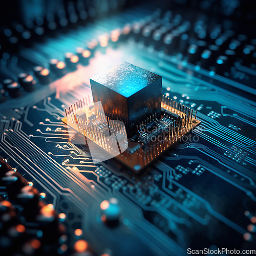 Image of Computer hardware, CPU and circuit board with microchip, technology abstract and motherboard closeup. Cyber tech, cloud computing and processor, AI generated and digital drive with pc system