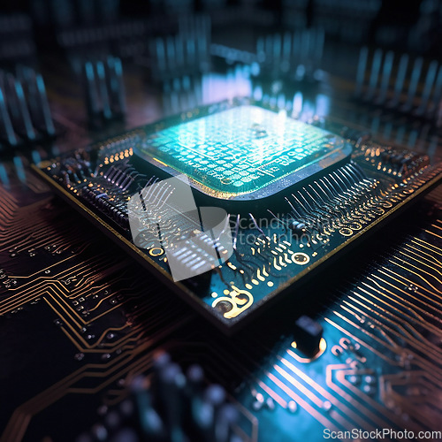 Image of Computer hardware, CPU and microchip with technology abstract, processor and motherboard closeup. Cyber tech, cloud computing and circuit board, AI and digital drive with pc system and electronics