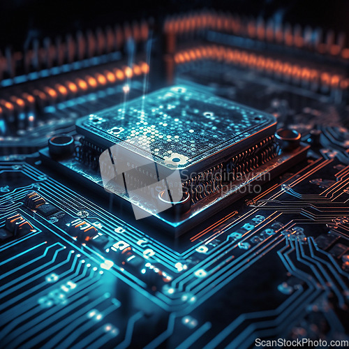 Image of Computer hardware, CPU and circuit board with technology abstract, microchip and motherboard closeup. Cyber tech, cloud computing and processor, AI and digital drive with pc system and electronics