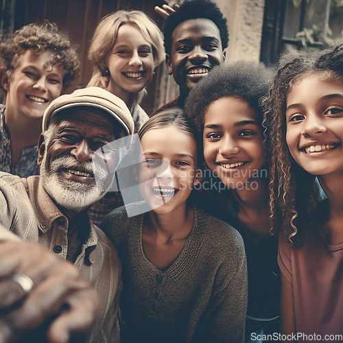 Image of Selfie, portrait and diversity family smile with children, parent or grandpa bonding. Senior man, girl and boy kid group happy for support, security or love and care in ai generated foster home