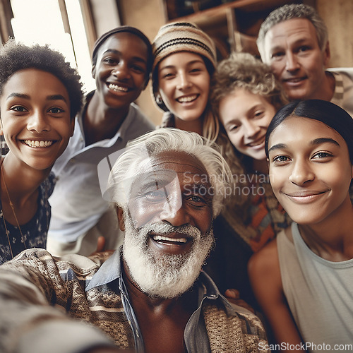 Image of Selfie, smile portrait and diversity family with children, parents and grandpa bonding. Senior man and kid group happy for support, security and time or love and care in ai generated foster home