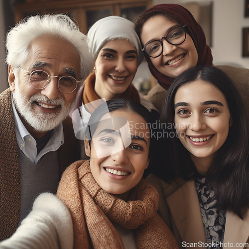Image of Selfie, indian family with a senior man and grandchildren in the living room of a home during a visit. Love, happy and a grandfather posing together with a group of girl relatives in their house