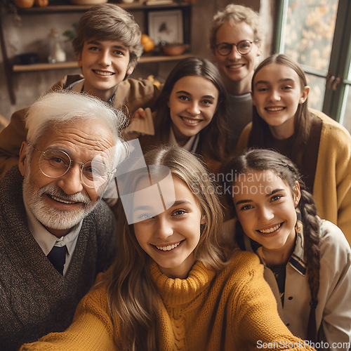 Image of Children, smile and portrait of family selfie at home for relaxing, bonding and together on weekend. Retirement, love and faces of ai generated grandparents, parents and kids take picture for memory