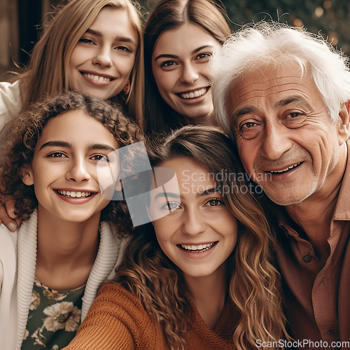 Image of Ai, selfie and portrait of grandparents and children at home with digital art, futuristic app and 3d photo filter. Family, creative technology and augmented faces of happy people smile for picture