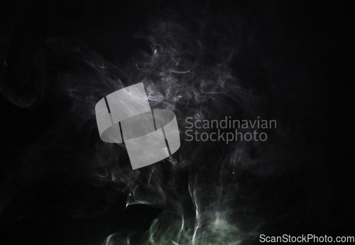 Image of Grey smoke puff, white background and studio with no people with fog in the air. Smoking, smog swirl and isolated with smoker art from cigarette or pollution with graphic space for incense creativity