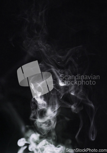 Image of Smoke backdrop, background and studio with abstract pollution swirl with png. Fog, transparent and steam pattern in the air with isolated, smoking effect and incense cloud for creativity