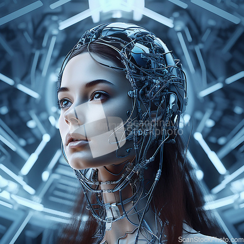 Image of Gaming, futuristic cyberpunk and scifi woman for fantasy character, digital video game and metaverse. Technology, virtual reality and girl in dystopian city at night in ai, cyborg and 3d robot art