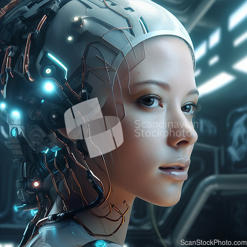 Image of Cyberpunk, futuristic and face of scifi woman for video game character, digital gaming and metaverse. Technology, virtual reality and girl in dystopian city at night in ai generated, cyborg robot art