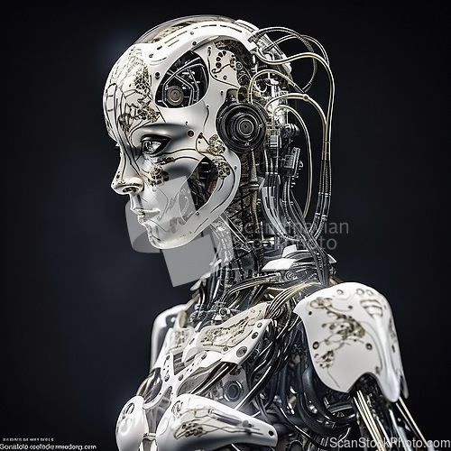 Image of Android, cyborg and female robot machine isolated on black background, new future technology or ai generated innovation. Scifi, humanoid and futuristic robotics engineering on fantasy sci fi mockup