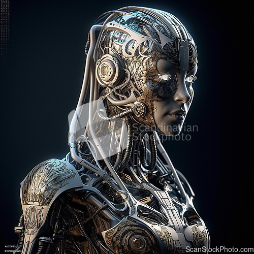 Image of Machine, cyborg and robot woman isolated on black background with new technology and innovation in studio. Scifi, female humanoid and futuristic robotics, tech engineering and ai generated android