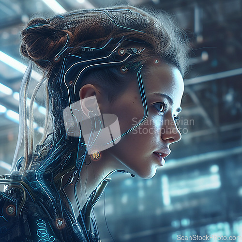 Image of Cyberpunk, futuristic gaming and scifi woman for fantasy character, digital video game and metaverse. Technology, virtual reality and girl in dystopian city at night with ai generated robot art