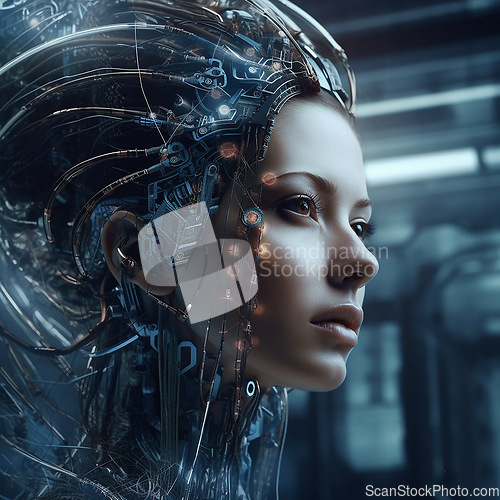 Image of Robot, futuristic gaming and scifi woman for fantasy character, digital video game and metaverse. Technology, virtual reality and girl in dystopian city at night with ai generated cyborg art