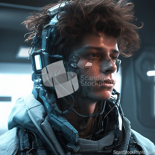 Image of Cyberpunk, scifi gaming and cyborg man for fantasy character, humanoid soldier and metaverse. Futuristic technology, virtual reality and dystopian male with ai generated, digital art and 3d design