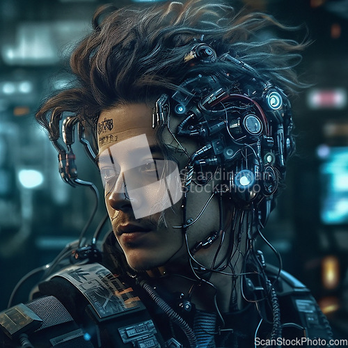 Image of Robot, futuristic face and scifi man for fantasy character, digital video game and metaverse. Technology, virtual reality and male in dystopian city at night in ai generated, cyborg design