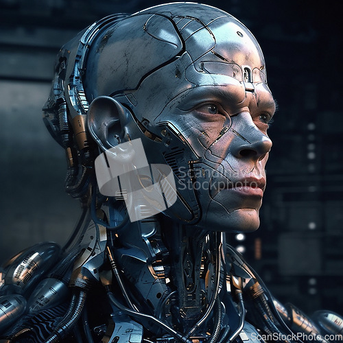 Image of Cyberpunk, futuristic and scifi cyborg man for video game character, digital gaming and metaverse. Technology, virtual reality and dystopian metal machine at night for ai generated 3d robot design