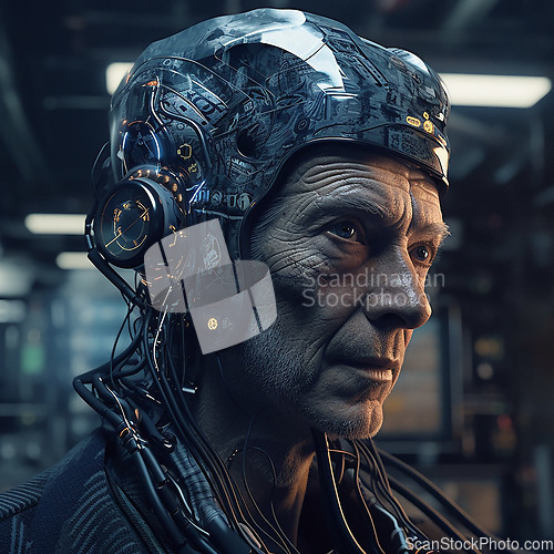 Image of Cyberpunk, futuristic cyborg and scifi old man for video game character, digital gaming and metaverse. Technology, virtual reality and dystopian male soldier at night for ai generated robot design