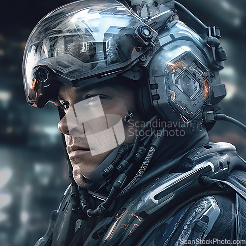 Image of Cyberpunk, futuristic soldier and scifi man for video game character, digital gaming and metaverse. Technology, virtual reality and male in dystopian city for ai generated, military cyborg design