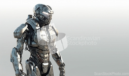 Image of Cyborg, robot and iron soldier on mockup for futuristic war, galactic cyberspace battle or android machine against white studio background. Cyber warrior in robotic future or technology on copy space