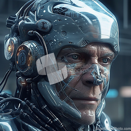 Image of Cyberpunk, futuristic and face of scifi old man for video game character, digital gaming and metaverse. Technology, virtual reality and male in dystopian city at night in ai, cyborg and robot design