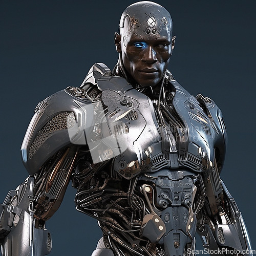 Image of Machine, cyborg and robot, black man and isolated on studio background, new technology and ai generated innovation. Scifi, male and futuristic humanoid in robotics engineering and fantasy portrait