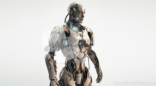 Image of Robot, ai and android isolated on studio background, robotics and technology abstract with mockup space. Computer science, humanoid and innovation with futuristic tech, alien with scifi and cyborg