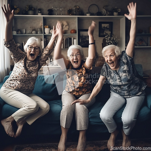 Image of Happy, watching tv or excited senior women, friends or old people shout, celebrate and group cheers for entertainment. Retirement home celebration, elderly woman or Ai generated female scream on sofa