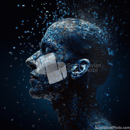Image of Futuristic, ai and human face with big data, network and innovation on dark studio background. Abstract, artificial intelligence and robotics with future connection, 3d illustration and metaverse