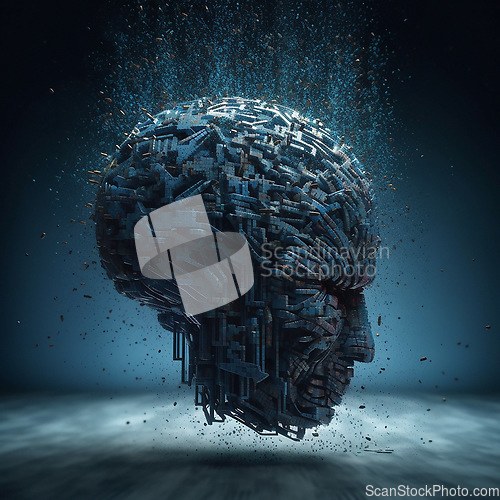 Image of Head, ai robot and futuristic 3d in studio isolated on a background or backdrop. Profile, cyber and bot, droid or machine, digital cyborg or render, robotic face or artificial intelligence generated.