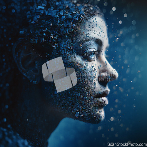 Image of Futuristic, data and cyborg woman in digital world, metaverse or scifi isolated on a dark background. Robotic face, mind and cyber technology, overlay and binary code with ai generated programming