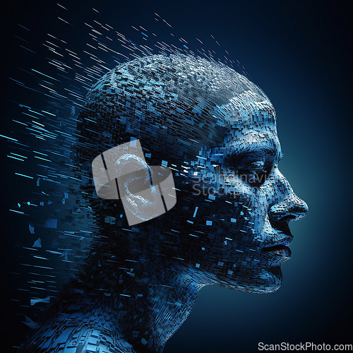 Image of 3D male, face and human artificial intelligence of ai generated profile, future technology and engineering of machine learning. Abstract, futuristic and digital transformation head on blue background