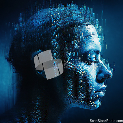 Image of 3D head, woman and human artificial intelligence of ai generated profile, future tech and machine learning engineering. Abstract face, futuristic and digital transformation person on blue background