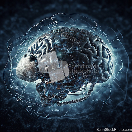 Image of Brain, big data and ai generated with future and 3d technology, abstract or human mind with digital world. Cyber, knowledge and organ with intelligence, neurology or neuroscience with tech hologram