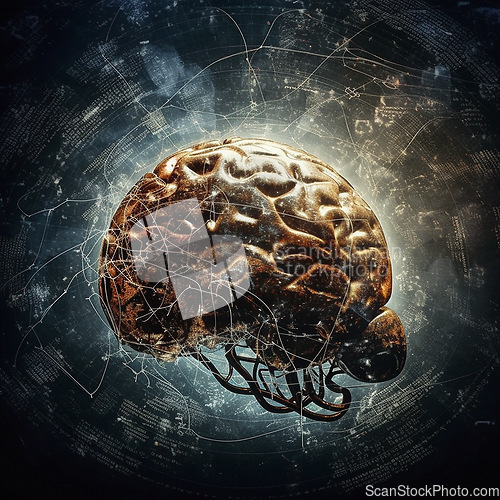 Image of Brain, technology abstract and ai with futuristic and 3d, human mind and network with digital world. Cyber, knowledge and organ with intelligence, neurology or neuroscience, rendering and hologram