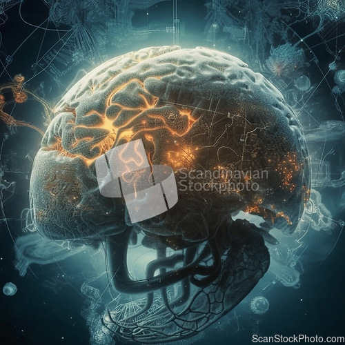 Image of Brain, big data and ai with future and 3d, human mind and network with digital world and technology abstract. Cyber, knowledge organ and intelligence, neurology or neuroscience and tech hologram