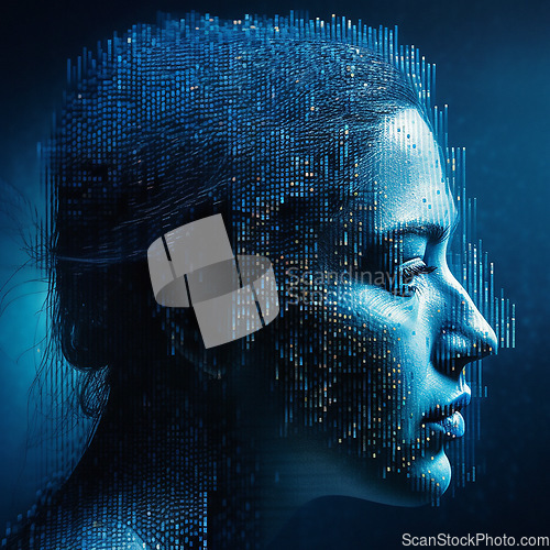 Image of 3D head, person and human artificial intelligence of ai generated profile, future tech and machine learning engineering. Abstract face, futuristic and digital transformation woman on blue background