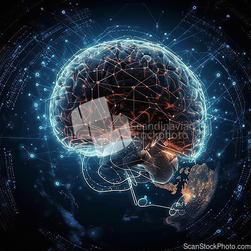 Image of Brain, digital transformation and ai with future and 3d, human mind and tech with digital world. Cyber, knowledge and organ with intelligence, neurology or neuroscience, global network and hologram