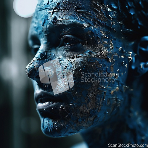 Image of Avatar, digital and woman with a skin defect, artistic creativity and futuristic robot. Future, alien face of a person with creative design, technology and ai network for tech with blue color