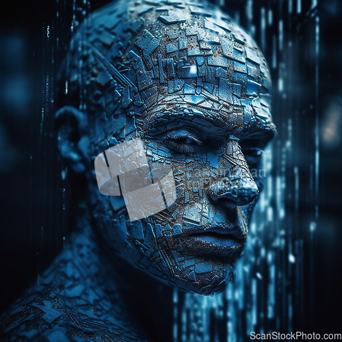 Image of Human face, ai and man with big data, futuristic and connection with digital avatar, network and abstract. Head, robot and artificial intelligence with future setup and metaverse on dark backdrop
