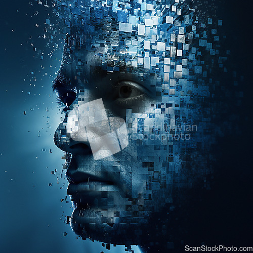 Image of 3D face, abstract and futuristic with artificial intelligence, digital pixels and ai generated man on blue backdrop. Graphic, future and human head design for facial recognition or creative design