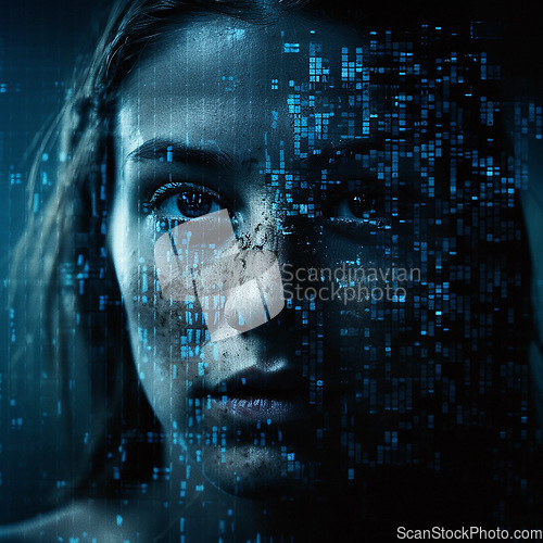 Image of Portrait, ai and overlay with a digital woman in studio on a dark background for 3d information technology. Face, future and cyber space with a female hologram interface as a dashboard for security