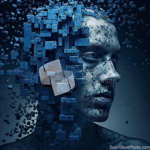 Image of Face, ai and man with big data, futuristic and abstract against studio background. Male, guy and robotics with artificial intelligence, human head or innovation with connection or 3d illustration