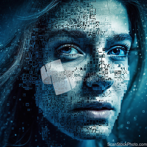 Image of Face, ai and overlay with a digital woman in studio on a dark background for 3d information technology. Portrait, future and cyber space with a female hologram interface as a dashboard for security