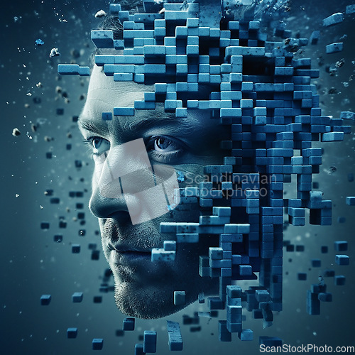 Image of Face, abstract and futuristic with innovation, cubes or technology with robotics, connection or network. Minimalistic design, human head or artificial intelligence with future development or artistic