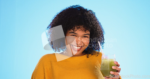 Image of Green juice, black woman and healthy fruit smoothie of a person drinking weight loss drink. Glass, studio background and female sip a vegetable, nutrition and detox shake for health and wellness