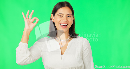 Image of Ok hands, face and happy woman on green screen, background and studio in agreement of support. Portrait of female model, smile and okay for success, yes and winner of perfect emoji, thank you or hope