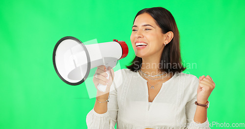 Image of Megaphone, green screen and happy woman isolated on studio background broadcast, sale or announcement. Excited person or speaker speaking, voice or speech for retail or promotion deal in studio