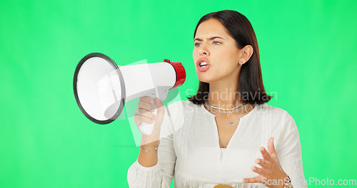 Image of Megaphone, protest and woman green screen for broadcast, justice and strong opinion, voice or announcement. Person, speaker or angry leader in politics, news and call to action with speech in studio