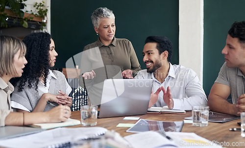 Image of Planning, talking and business people in a meeting at work for a collaboration, advice or agenda. Team, office and group of employees speaking about a plan, corporate idea or teamwork for a project